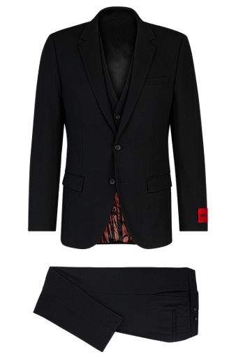 Three-piece slim-fit suit in performance-stretch jersey, Black