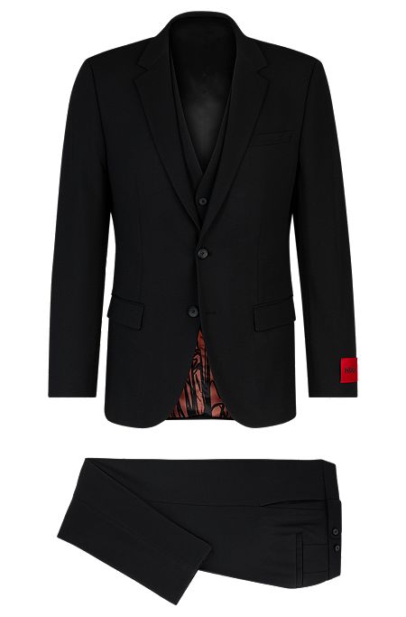 Three-piece slim-fit suit in performance-stretch jersey, Black