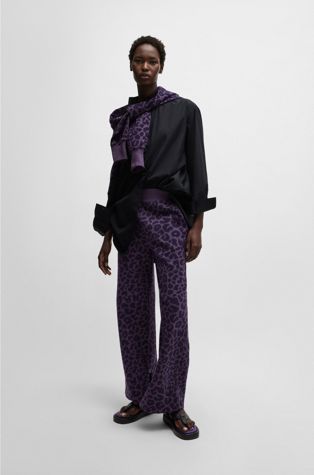 NAOMI x BOSS cotton-blend tracksuit bottoms with leopard print, Dark Purple