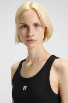 Cotton-blend tank top with stacked-logo embroidery, Black