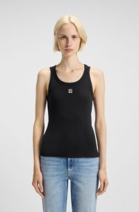 Ribbed cotton-blend tank top with embroidered stacked logo, Black
