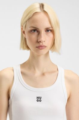 Camiseta sin mangas de algod&oacute;n con logo apilado bordado, Blanco