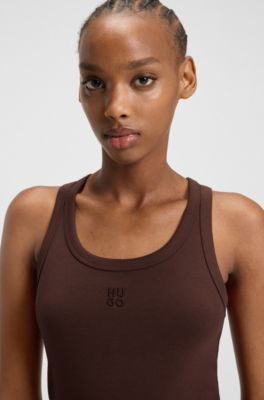 Tanktop van een katoenmix met tweedelig logostiksel, Donkerbruin