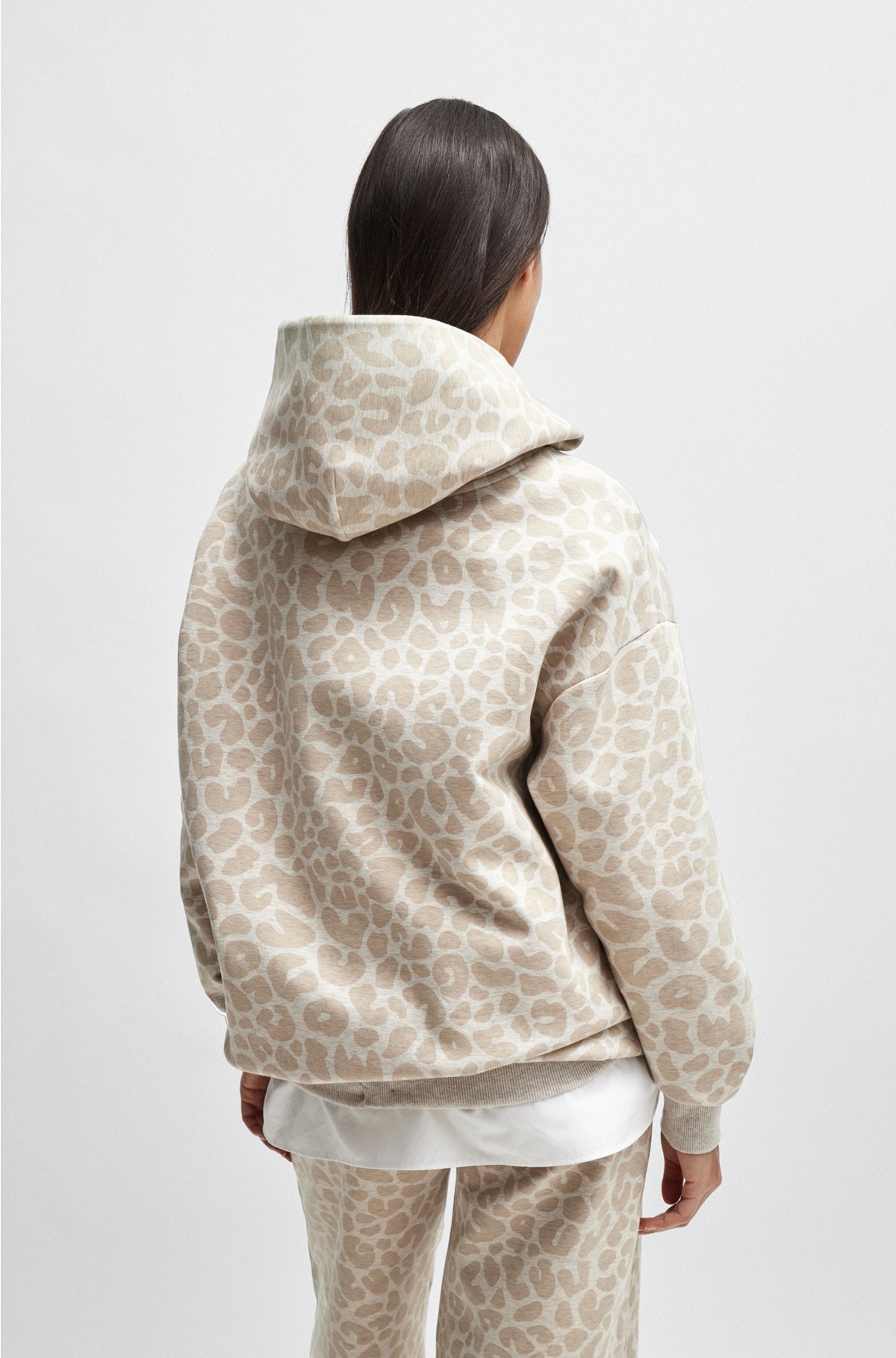 NAOMI x BOSS longline cotton-blend hoodie with leopard print, Natural