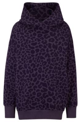 Hugo Boss Naomi X Boss Longline Cotton-blend Hoodie With Leopard Print In Dark Purple