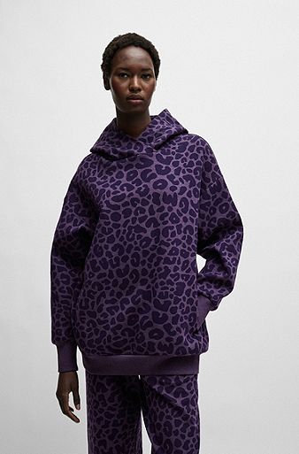NAOMI x BOSS longline cotton-blend hoodie with leopard print, Dark Purple