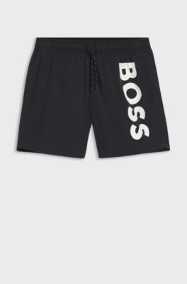 Boxer da mare ad asciugatura rapida con logo stampato in verticale, Nero