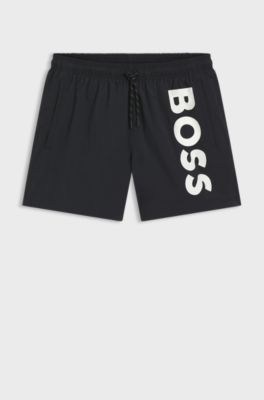 Schnell trocknende Badeshorts mit vertikalem Logo-Print, Schwarz