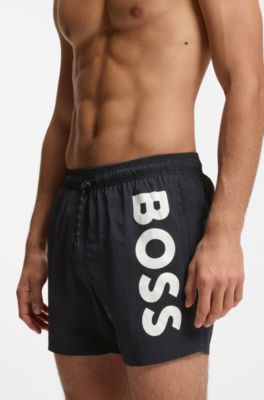 Quick-dry swim shorts with vertical logo print, Black