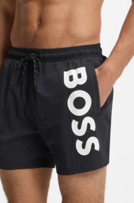 Quick-dry swim shorts with vertical logo print, Black