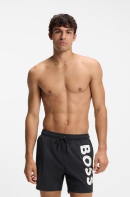Quick-dry swim shorts with vertical logo print, Black