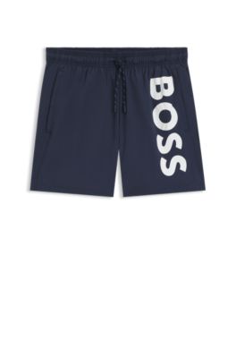 Quick-dry swim shorts with vertical logo print, Dark Blue