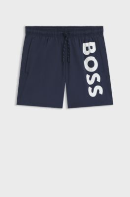 Hurtigt&oslash;rrende badeshorts med vertikalt logoprint, M&oslash;rkebl&aring;