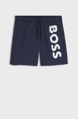 Boxer da mare ad asciugatura rapida con logo stampato in verticale, Blu scuro