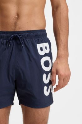 Schnell trocknende Badeshorts mit vertikalem Logo-Print, Dunkelblau
