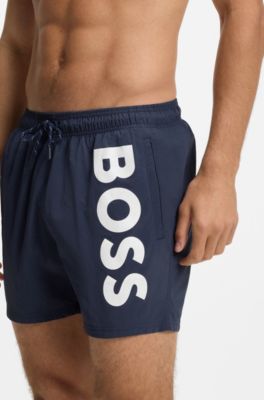 Boxer da mare ad asciugatura rapida con logo stampato in verticale, Blu scuro