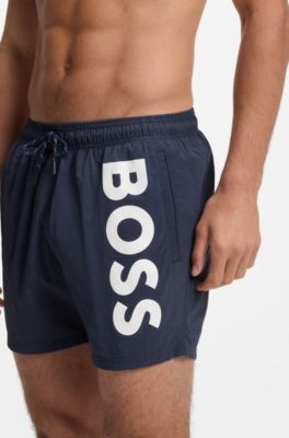 Quick-drying swim shorts with printed logo, Dark Blue