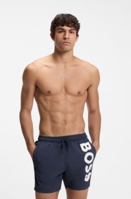 Quick-drying swim shorts with printed logo, Dark Blue