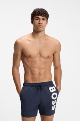 Boxer da mare ad asciugatura rapida con logo stampato in verticale, Blu scuro