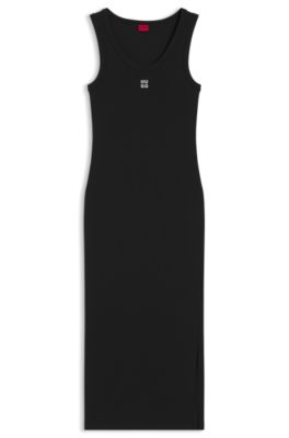Vestito midi in jersey misto cotone con logo scomposto, Nero
