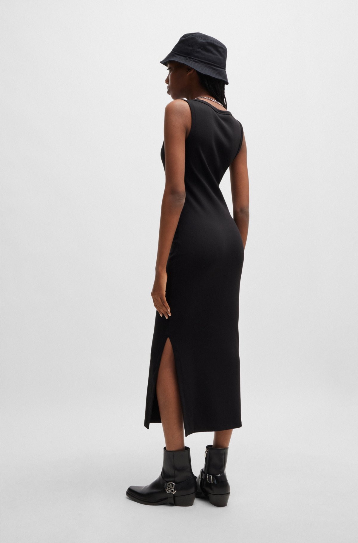 Long-length dress in stretch jersey with stacked logo, Black