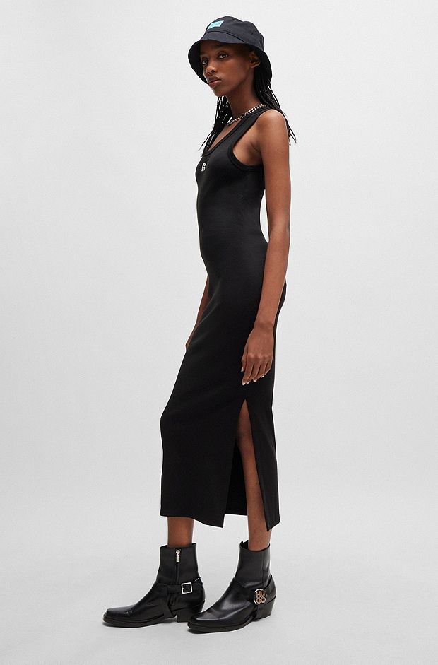 Long-length dress in stretch jersey with stacked logo, Black