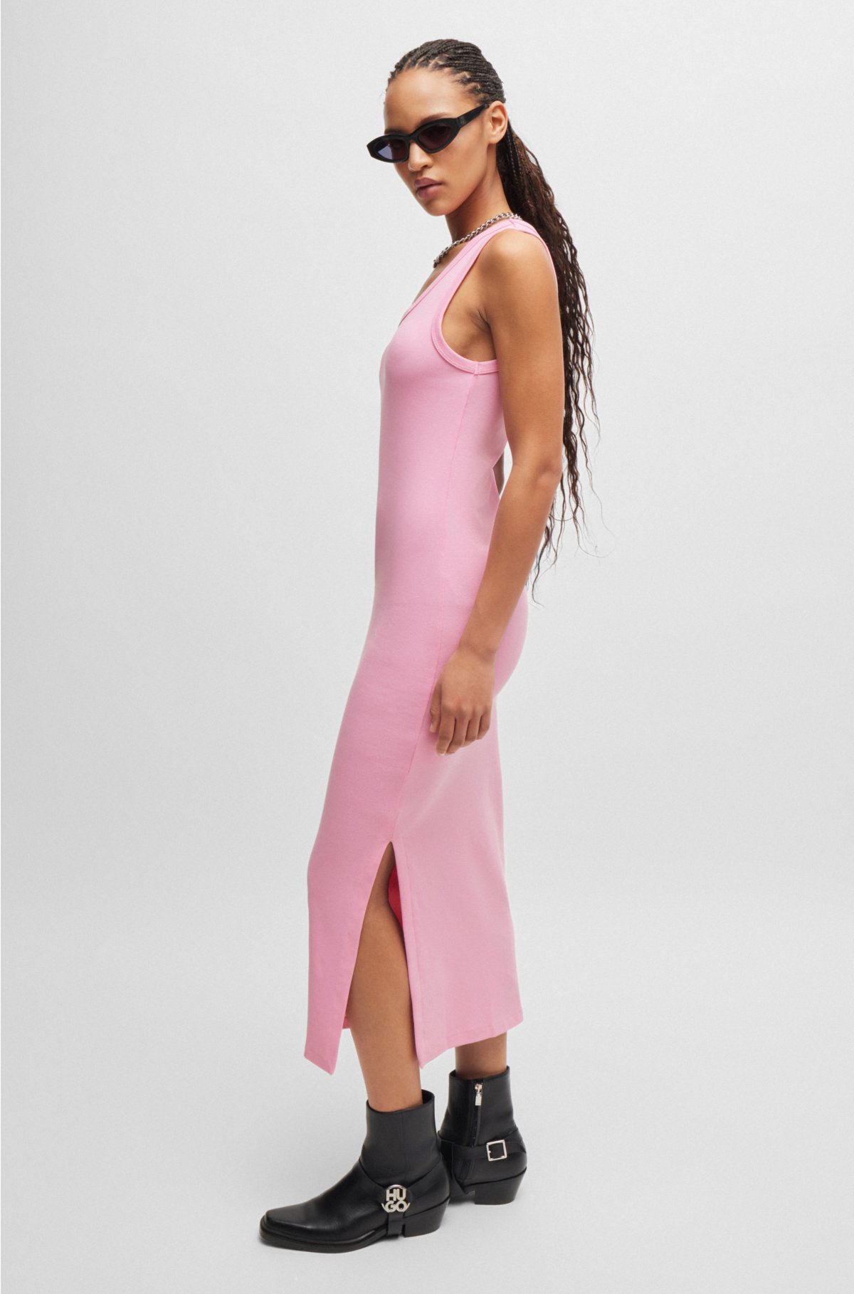 Long-length dress in stretch jersey with stacked logo, light pink