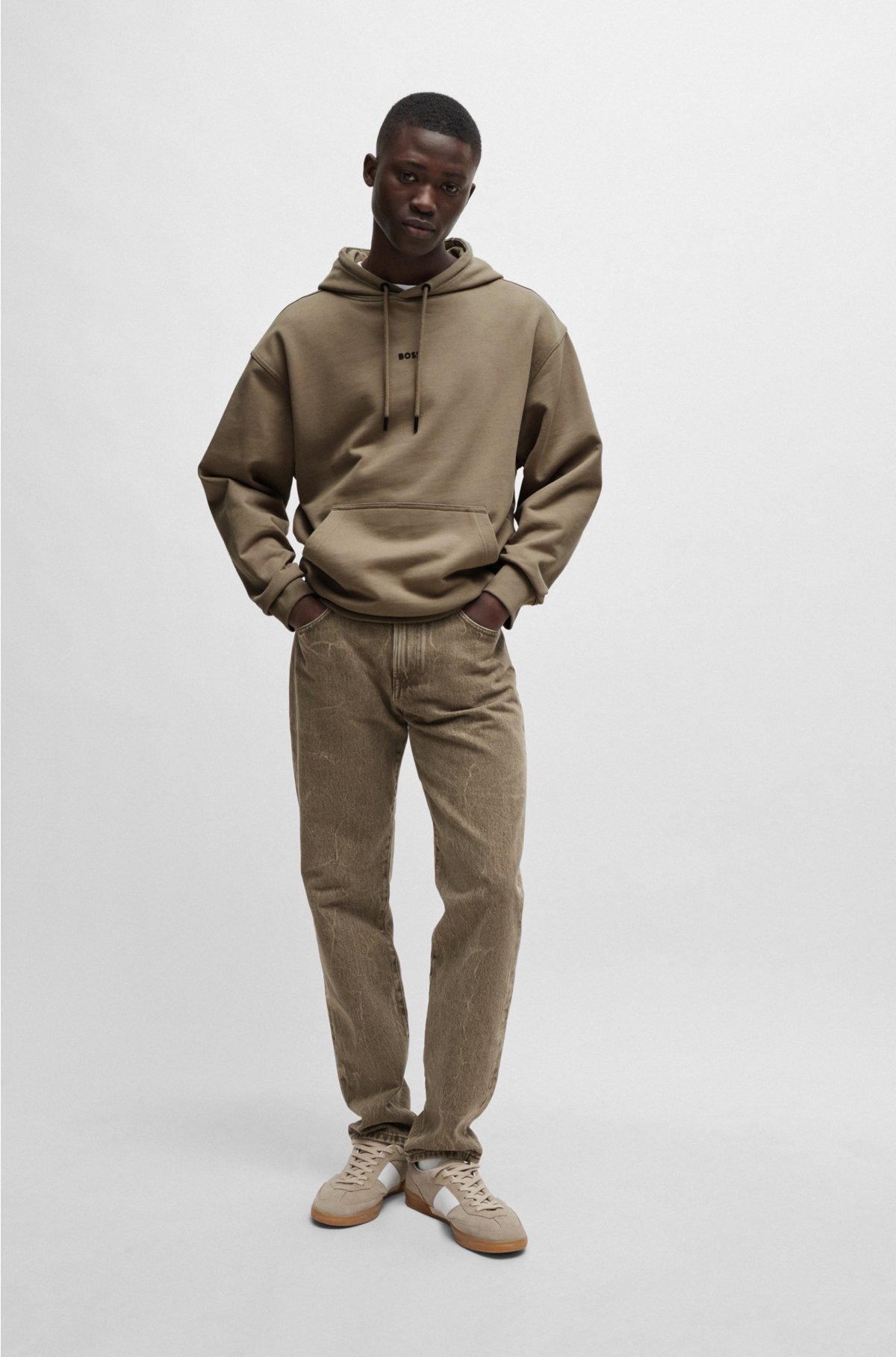 Cotton-terry hoodie with contrast logo, Light Brown