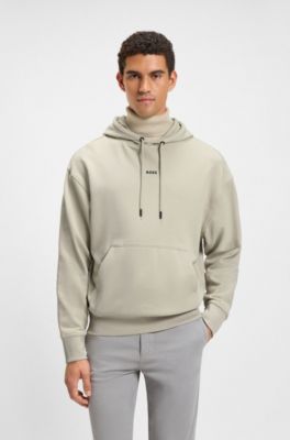 Fleece hoodie in cotton terry with contrast logo, Light Beige