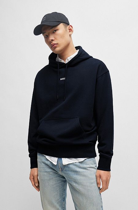 Cotton-terry hoodie with contrast logo, Dark Blue