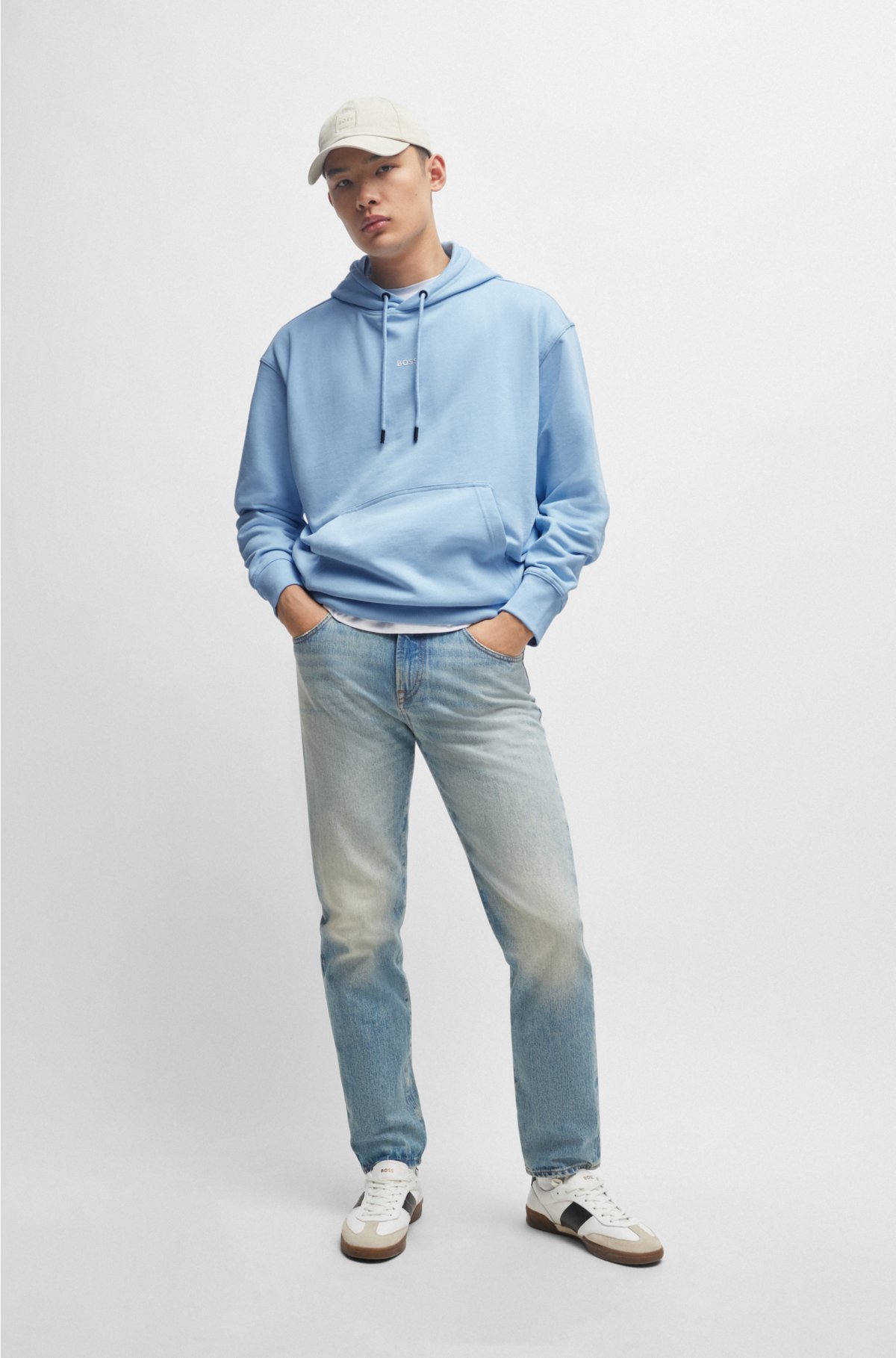 Cotton-terry hoodie with contrast logo, Light Blue