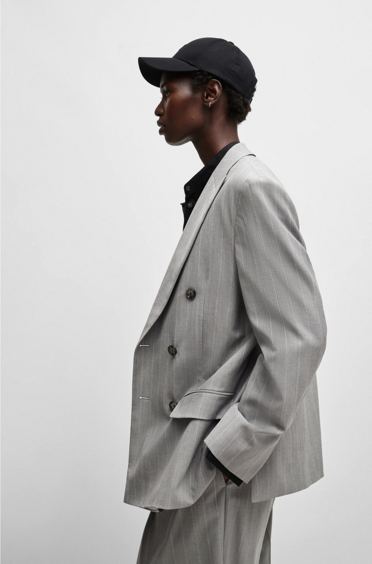 NAOMI x BOSS oversized-fit jacket in pinstripe virgin wool, Grey