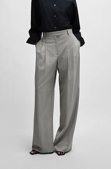 NAOMI x BOSS wide-leg trousers in pinstripe virgin wool, Light Grey