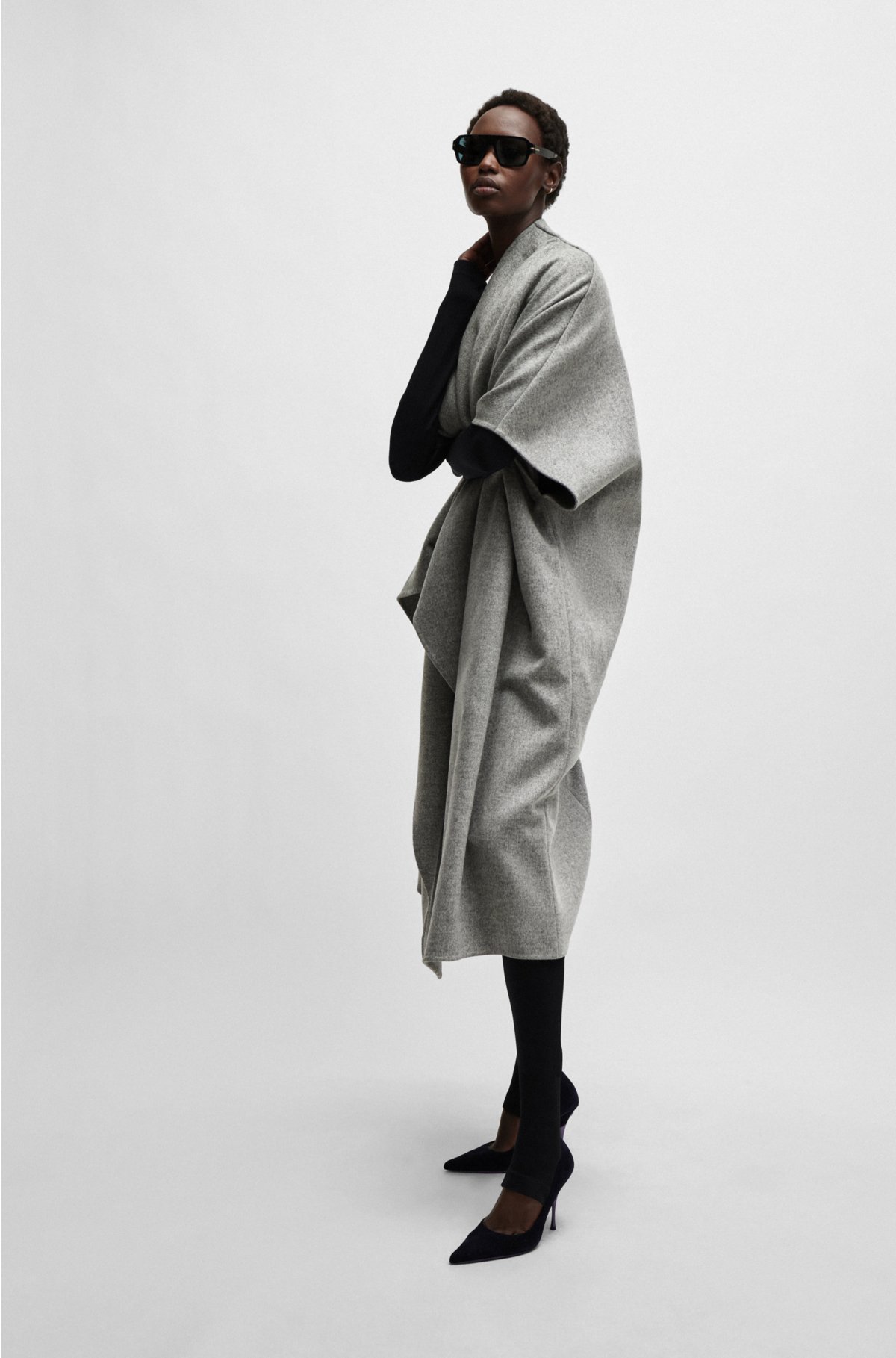 NAOMI x BOSS waterfall-front cape coat in virgin wool, Light Grey
