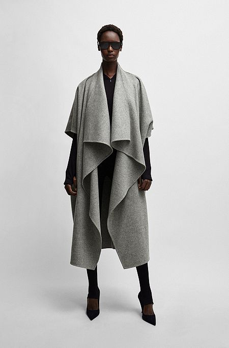 Manteau en laine vierge NAOMI x BOSS avec drapé en cascade sur le devant, Gris chiné