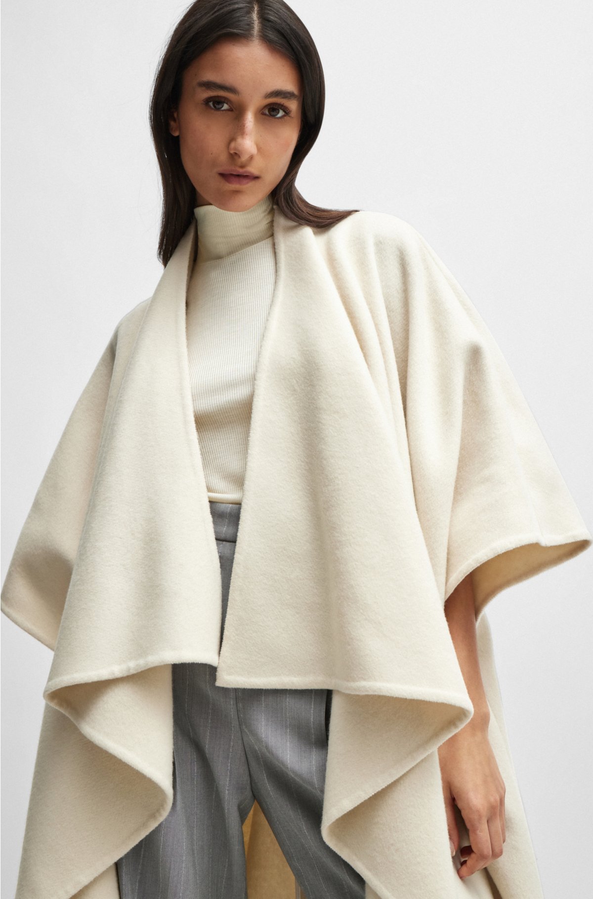 NAOMI x BOSS waterfall-front cape coat in virgin wool, Natural