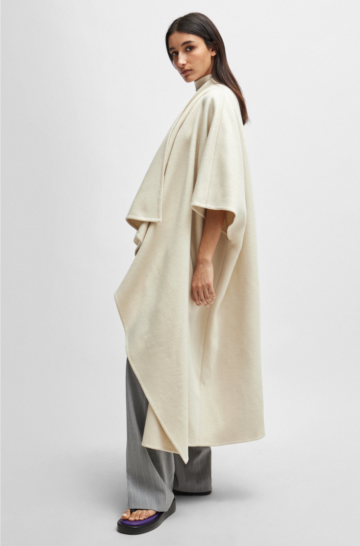 NAOMI x BOSS waterfall-front cape coat in virgin wool, Natural