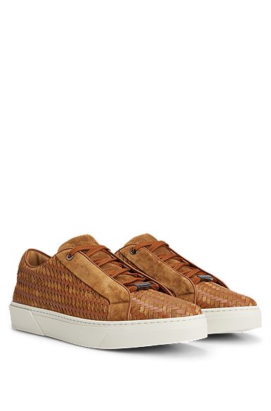 Italian-made woven trainers in leather and suede, Brown