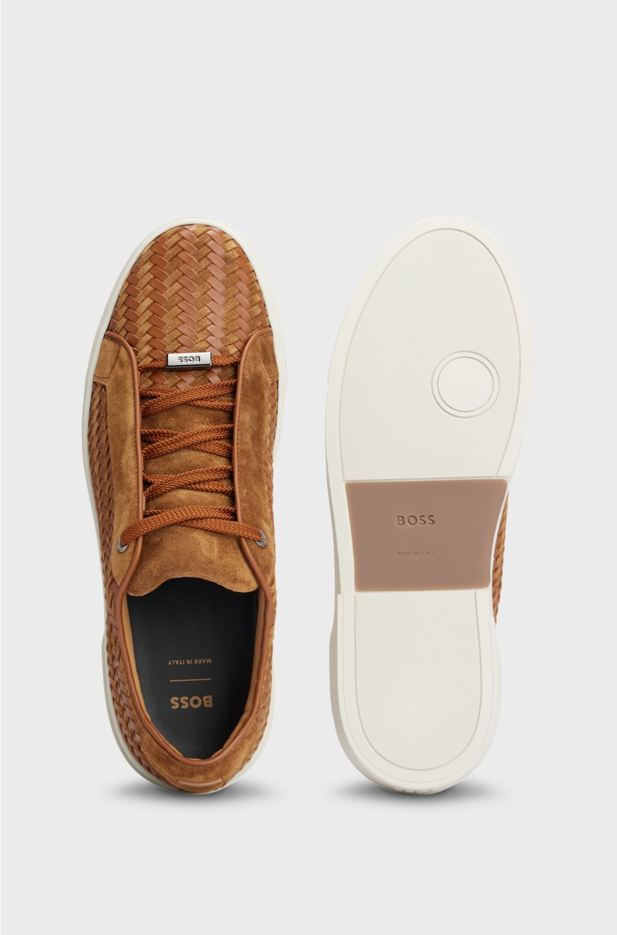 Gary Italian-made woven trainers in leather and suede, Brown