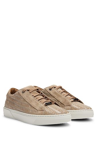 Italian-made woven trainers in leather and suede, Beige