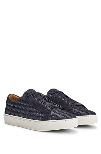 Italian-made woven trainers in leather and suede, Dark Blue