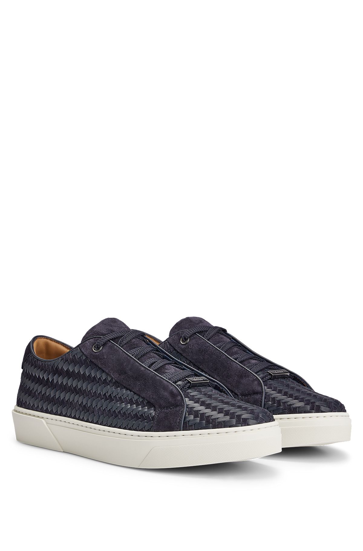Gary Italian-made woven trainers in leather and suede, Dark Blue