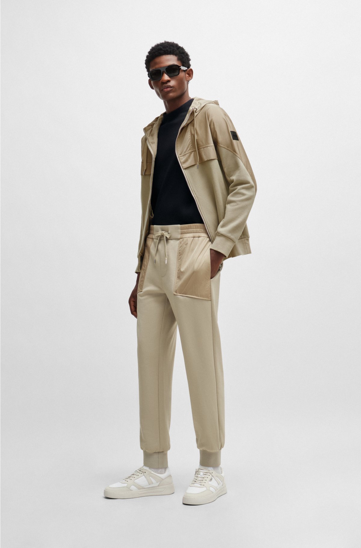 Cotton-blend tracksuit bottoms with contrast-fabric trims, Beige