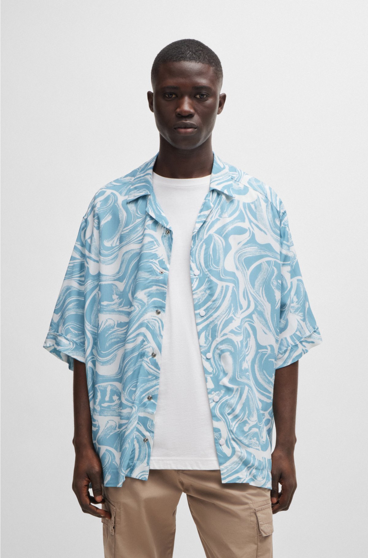 Relaxed-fit shirt in all-over printed twill, Light Blue