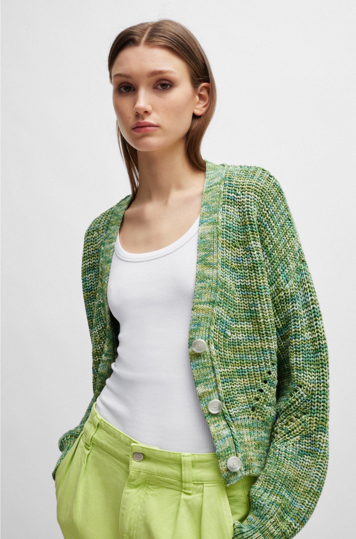 Buttoned cardigan in mouliné cotton, Green Patterned