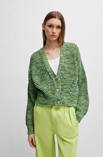 Buttoned cardigan in mouliné cotton, Green Patterned