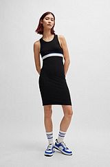 Slim-fit dress in stretch cotton with branded waistband, Black