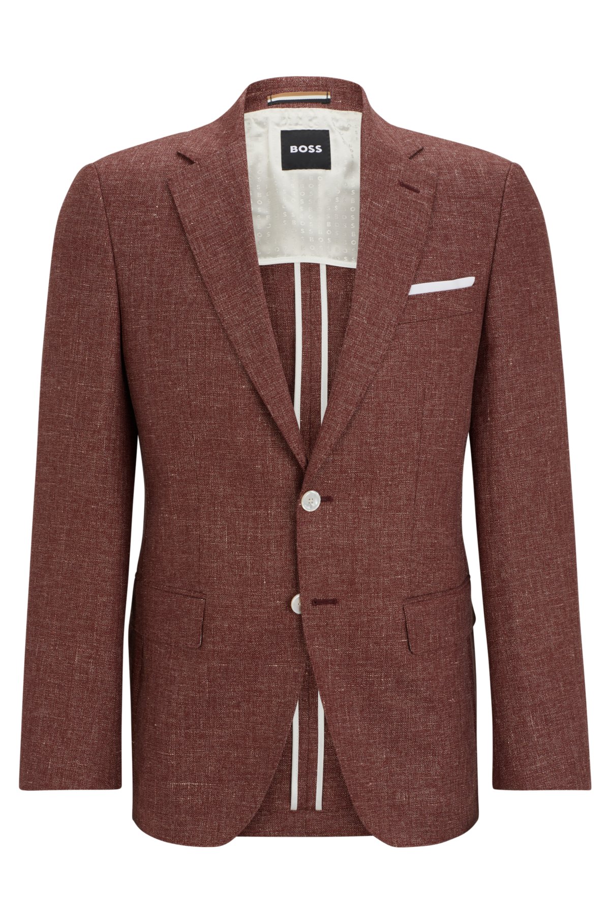 Slim-fit jacket in patterned virgin wool and linen, Dark Brown