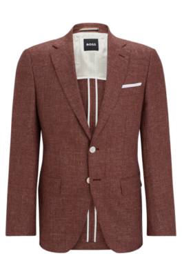 Hugo Boss Slim-fit Jacket In Patterned Virgin Wool And Linen In Brown