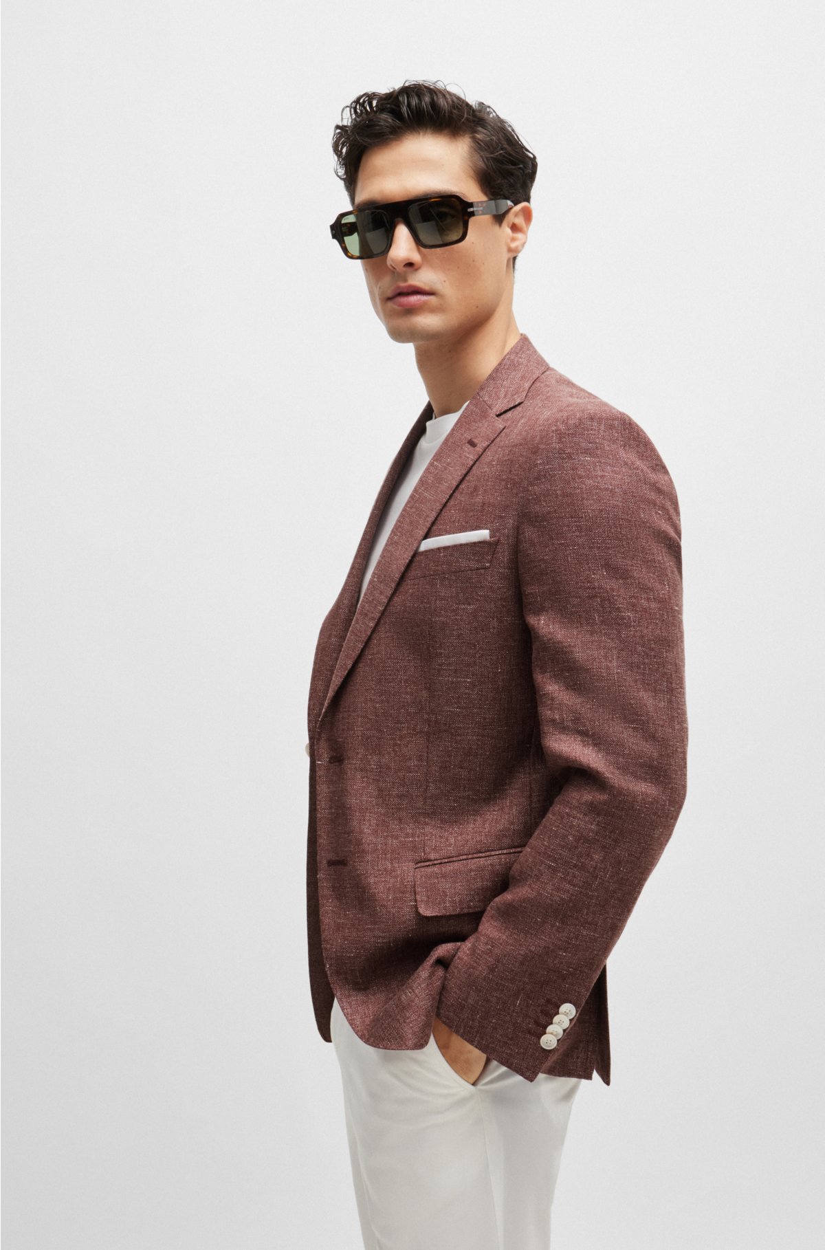 Slim-fit jacket in patterned virgin wool and linen, Dark Brown